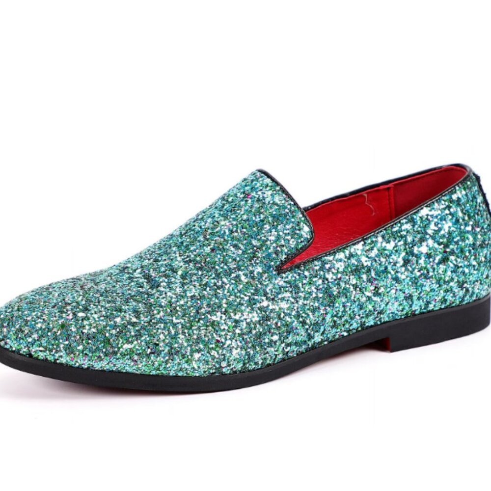 Santimon Men's US 7 - 12.5 Cyan Glitter Slip On Loafers Sequin Dress Shoes